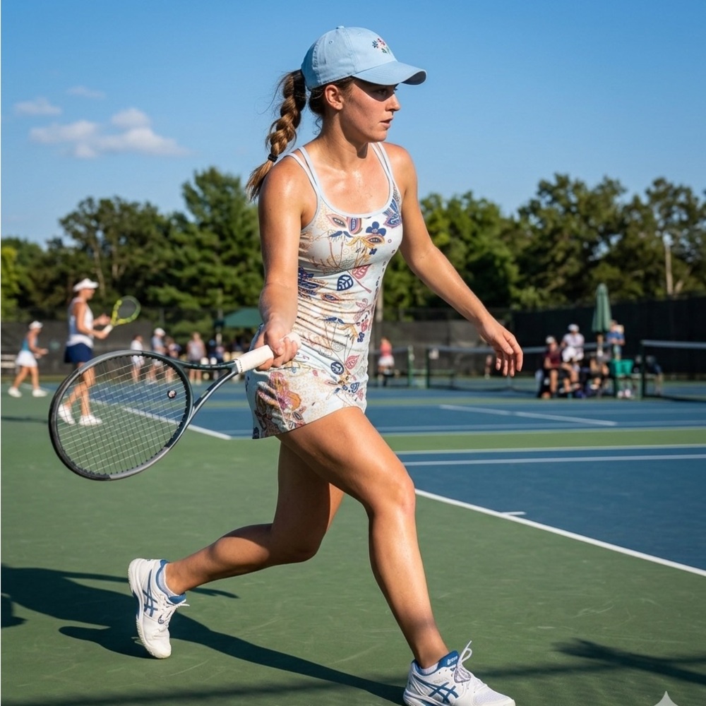 Aventura BLUE Floral Fit Flare Stretch Double Strap Athleisure Tank Dress Wmn Sm - Picture 16 of 16